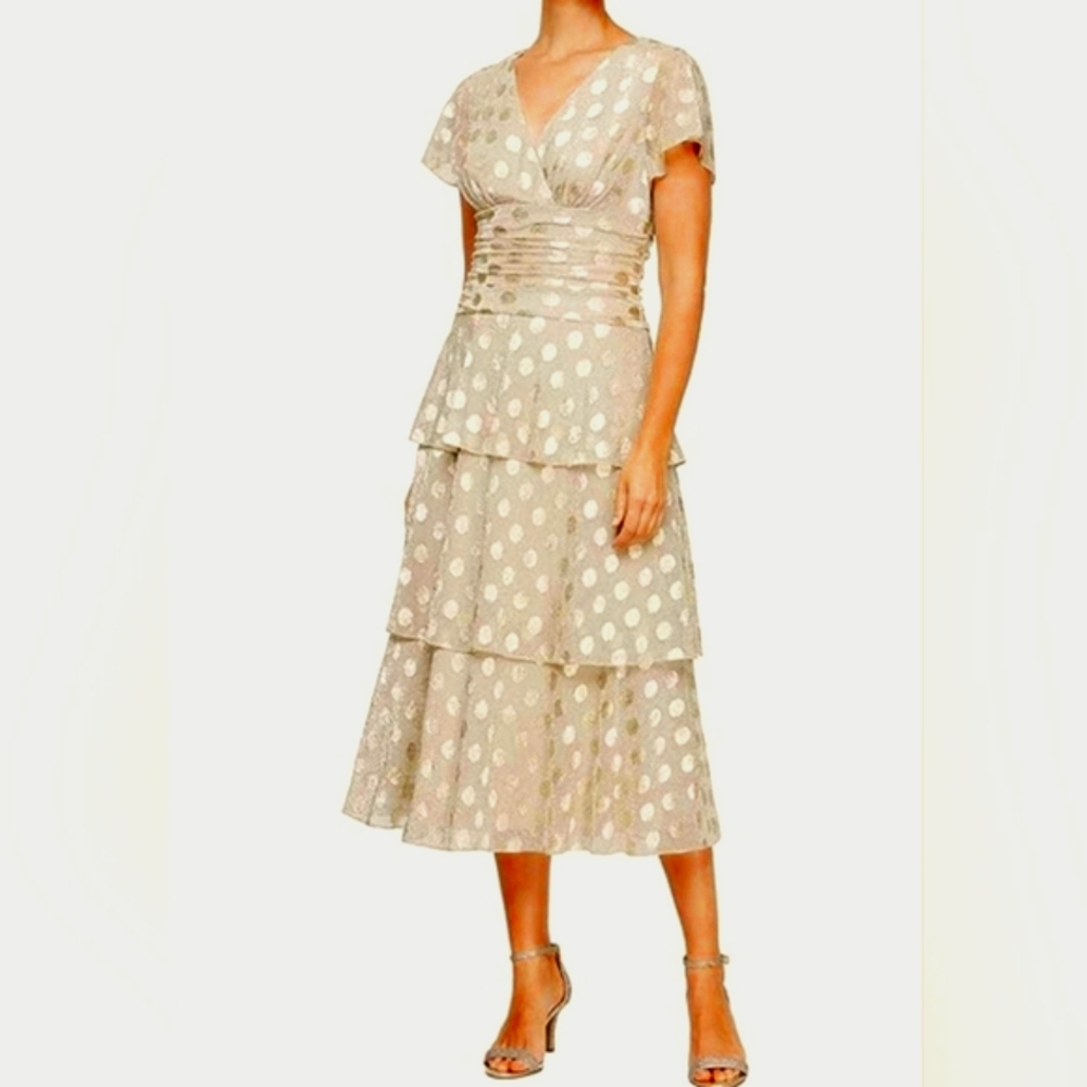 NWT! SLNY Champaigne & Gold Tiered Tea Legnth Dress Size 14 Womens